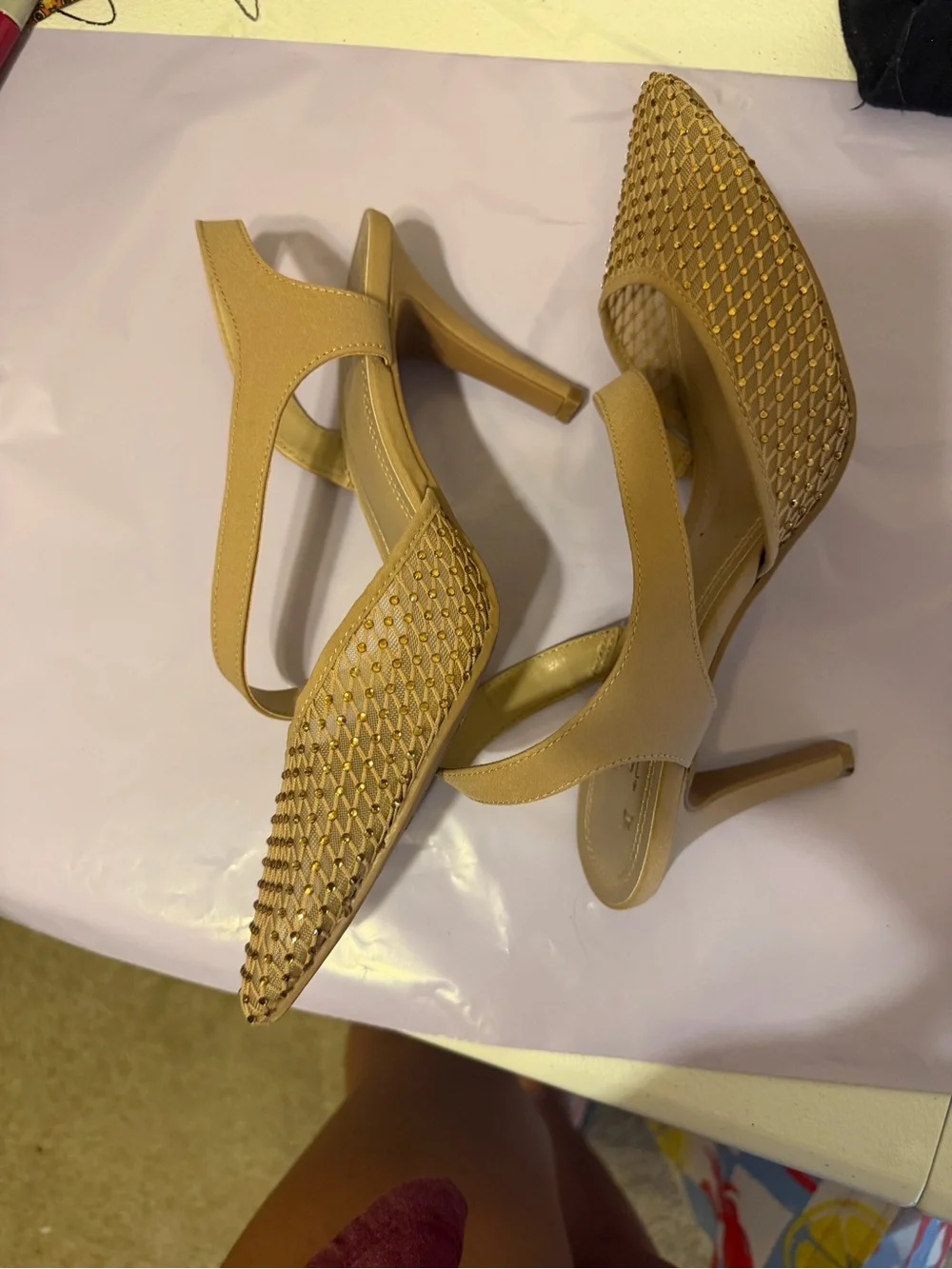 Impo Nude Studded Pointed-Toe Slingback Heels